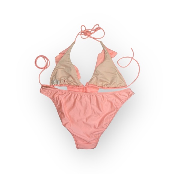 Shoshanna ☀︎︎ Flutter Halter Bikini Set with String Side Tie Detail ☀︎︎ Coral XL - Picture 13 of 16